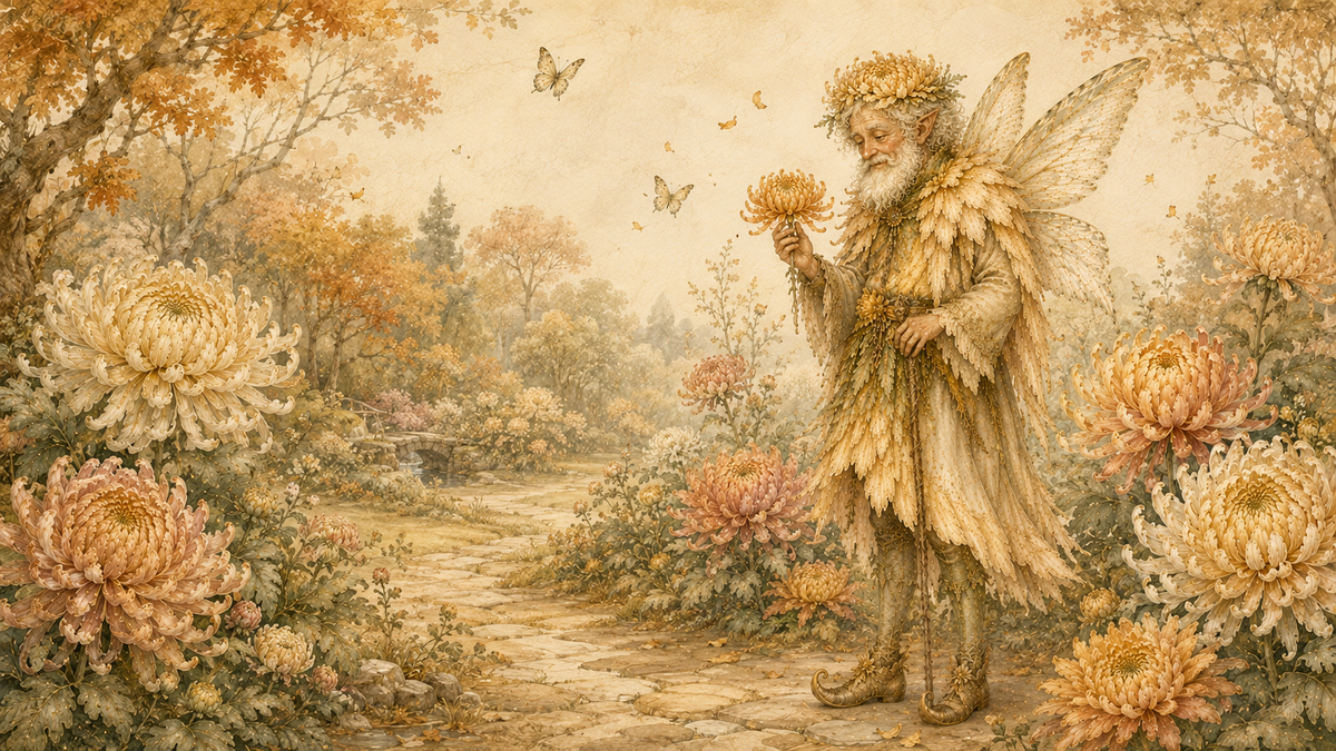 Eldric in his chrysanthemum riddle garden